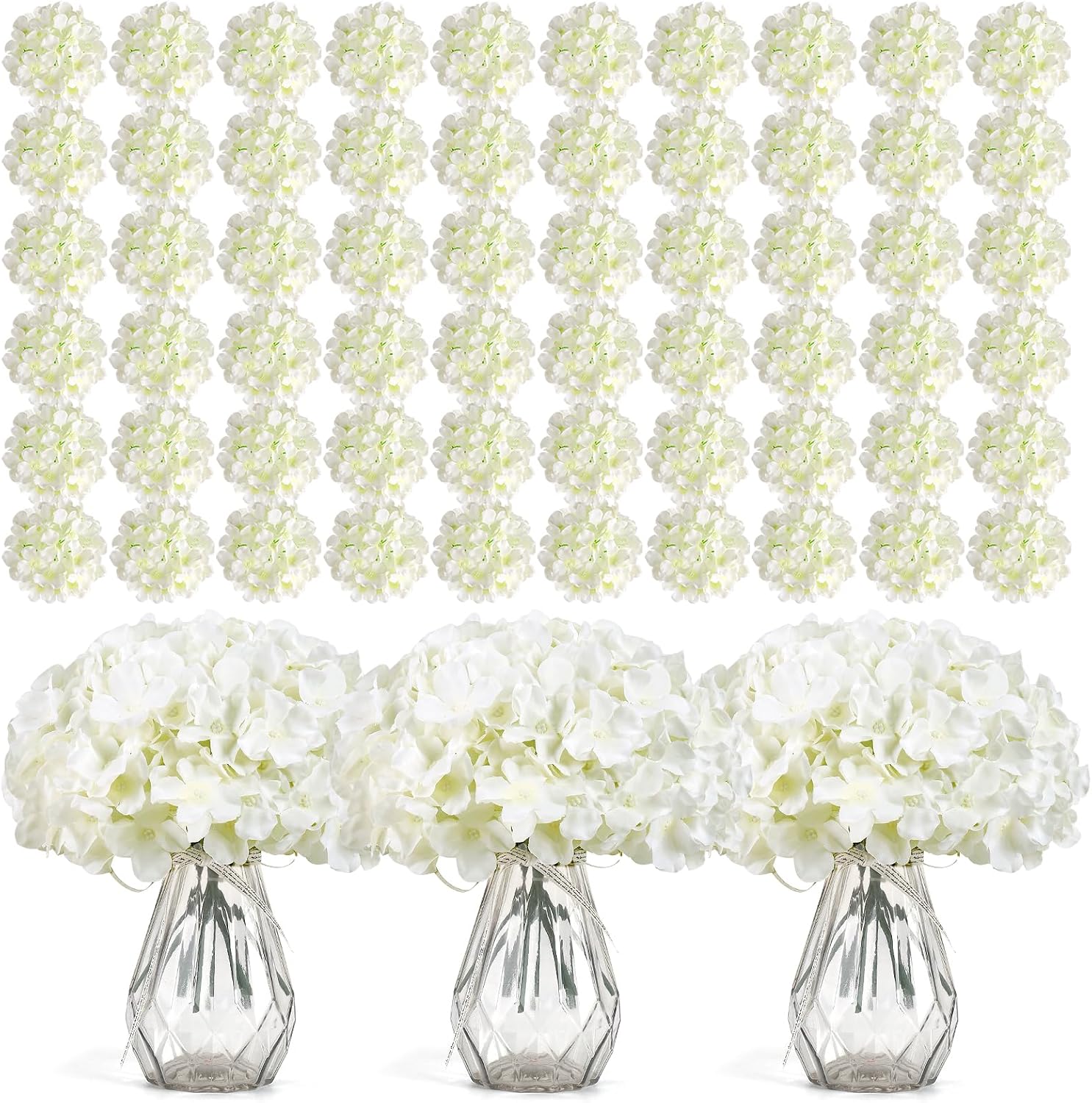 Wedding Supply In Bulk - ดอกไฮเดรนเยียประดิษฐ์สีขาวจำนวน 304 ชิ้น พร้อมก้านที่ยืดหยุ่นได้ อุปกรณ์ตกแต่งดอกไม้เทียมที่ดูสมจริงสำหรับงานแต่งงาน DIY,