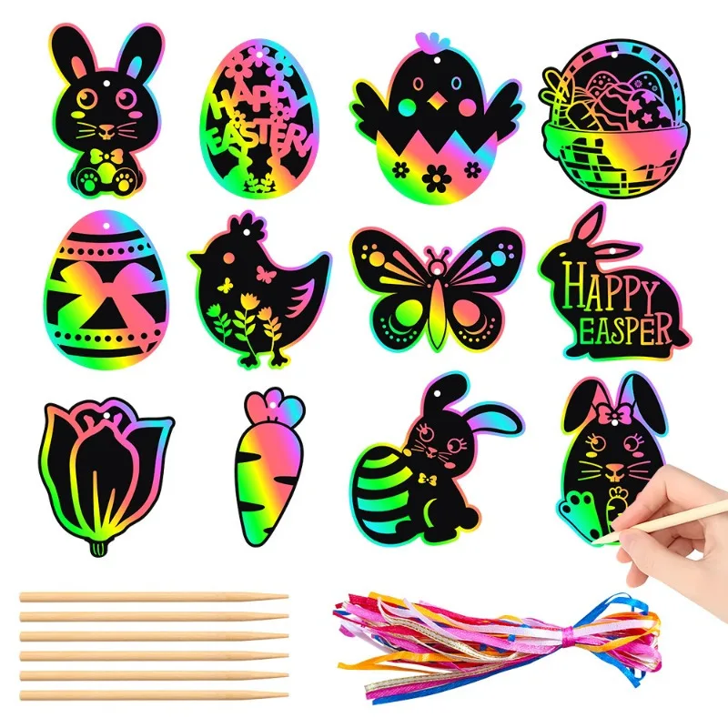 Papercraft Supply Ribbon - กระดาษขูดลายพร้อมปากกาไม้และริบบิ้นหลากสี ของตกแต่งงานฝีมือ DIY สำหรับของชำร่วยงานปาร์ตี้ ของตกแต่งบ้าน และกิจกรรมในห้องเรียน