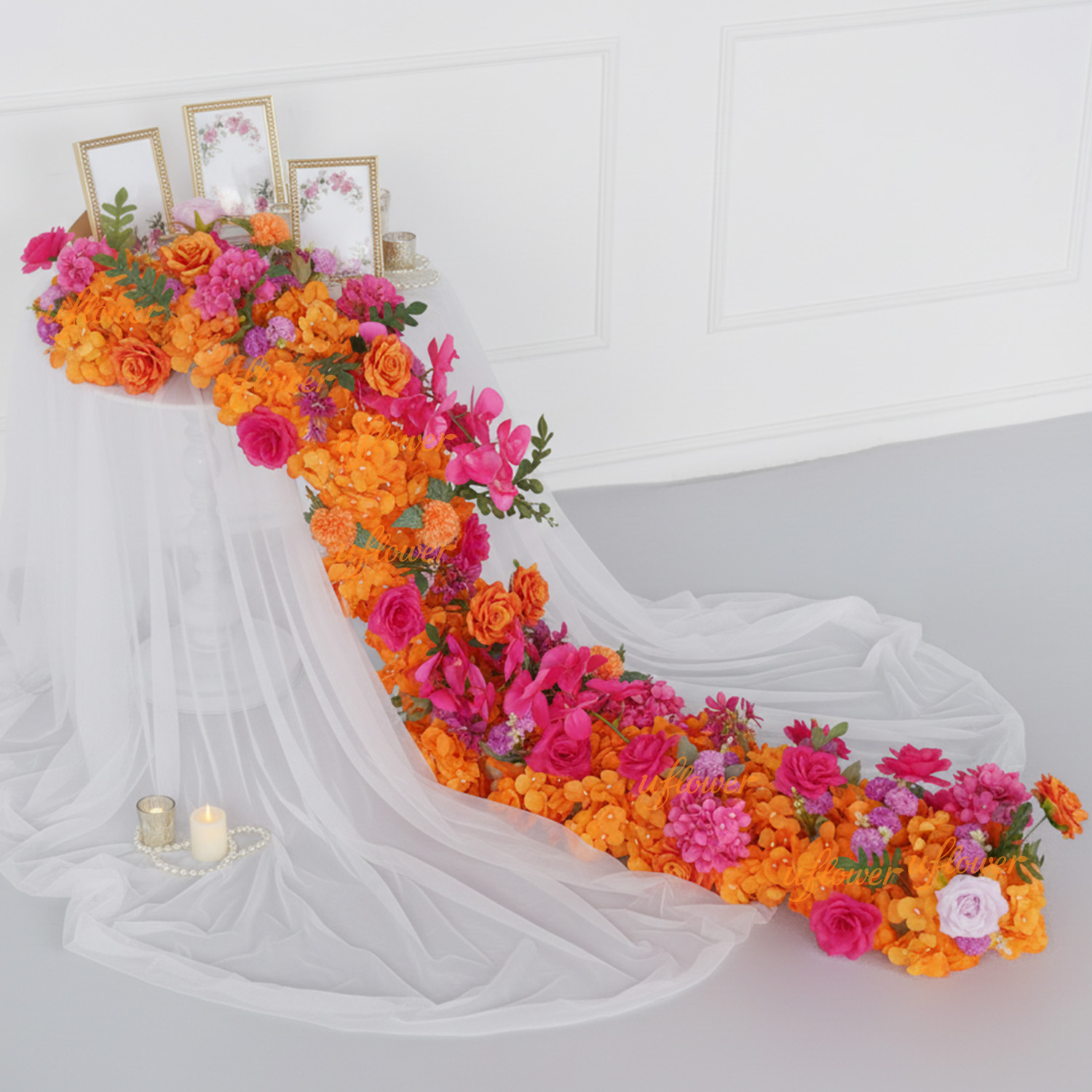 Aisle Runner White - ดอกไม้ประดิษฐ์ Uflower สำหรับตกแต่งงานแต่งงาน ดอกกุหลาบ ไฮเดรนเยีย สำหรับจัดวางบนโต๊ะในงานปาร์ตี้